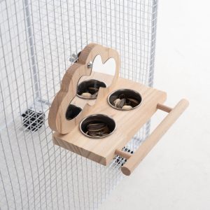 Mirror & Munch Feeding Station Wooden Perch Toy with Feeding Cups